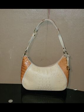 BRAHMIN Two-Tone Cream and Tan Croc-Embossed Shoulder Bag